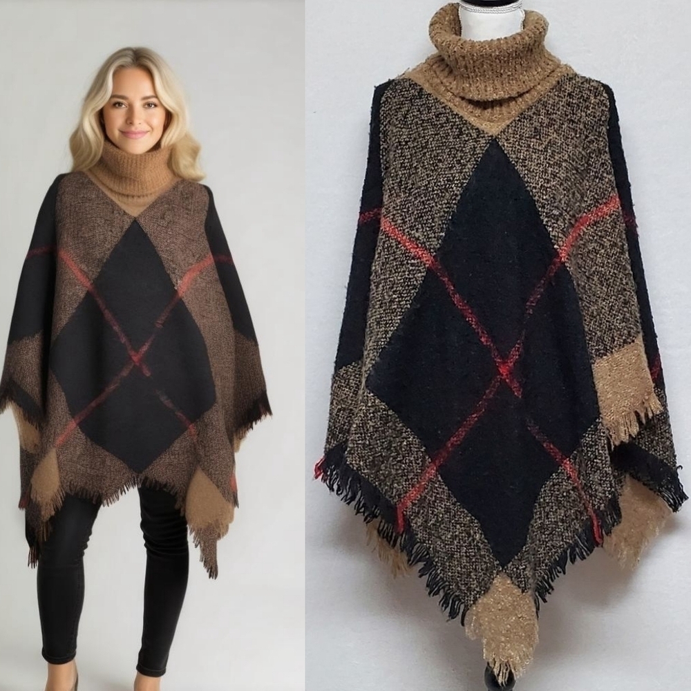Vintage Black Tan Plaid Tassle Fringe Turtleneck Knit Shawl Poncho Cape OSFA